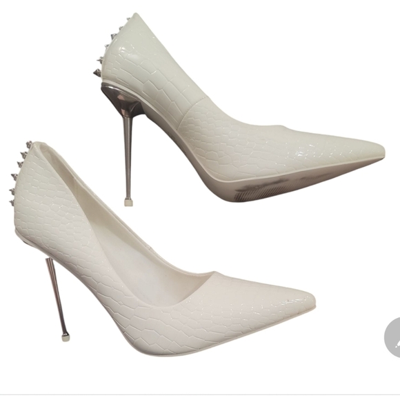 Azalea Wang Shoes - Azalea Wang cliff white faux croc silver studded stiletto heels pumps 7
